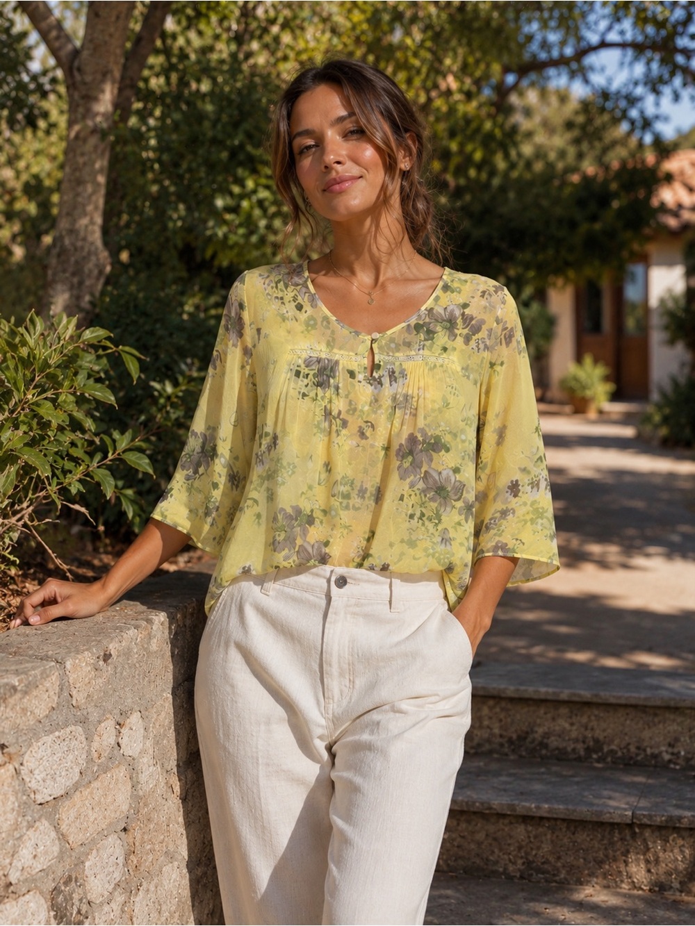 Art & Soul Yellow Floral Sheer Boho Peasant Blouse Size Large